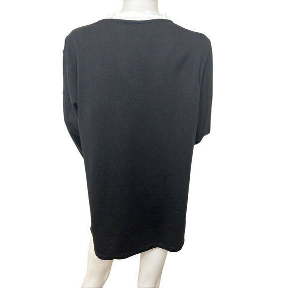 E.L.I Tunic Top XL Black White Trim  Long Sleeve V-Neck Buttons Down Arms Slits - Picture 6 of 11